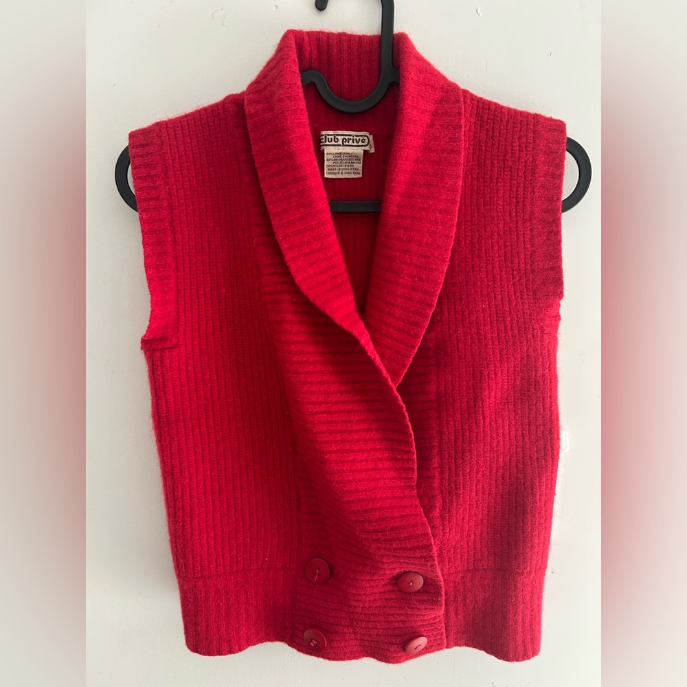 Vibrant Red Vintage Lambswool Rabbit Hair Blend Sweater Vest double breasted Med
